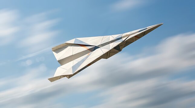 Paper airplane flying against cloudy sky background
