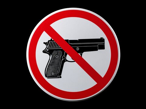 No gun sign, prohibition warning sign, ban. Restricted area, pistol not allowed. Vector image silhouette, illustration isolated on white background. Anti war sign for campaign. Forbidden, no gun.