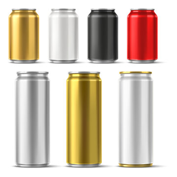 Colored tin cans for beverages. Realistic images of metal drink containers. Aluminum tins of sparkling water, beer and lemonade. Metallic bottles. Vector blank 3D packaging mockup set