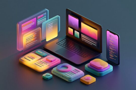 3D Vector illustration web page design development. Mobile app websites, deploy working on creating a website, applications, transferring information. Web design, programming coding, vector render 3D