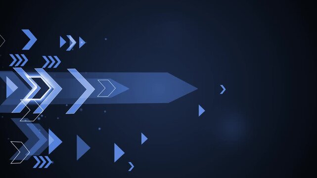 Abstract futuristic arrows moving right on dark background animation, geometric tech design with motion and glow