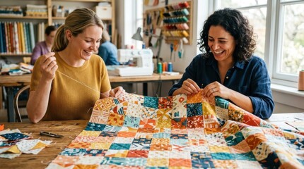 Fototapeta premium Two happy women laughing while sewing a colorful quilt in art studio.