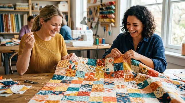 Two happy women laughing while sewing a colorful quilt in art studio.