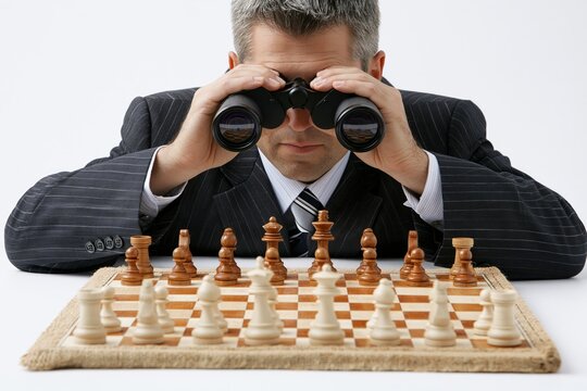 Success strategy, plan ahead to win business competition, 3D illustration, leadership vision or looking for opportunity, competitor analysis concept, chess figures with binocular to look ahead