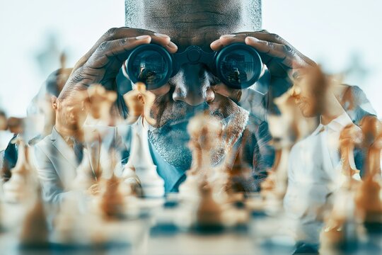 Success strategy, plan ahead to win business competition, 3D illustration, leadership vision or looking for opportunity, competitor analysis concept, chess figures with binocular to look ahead