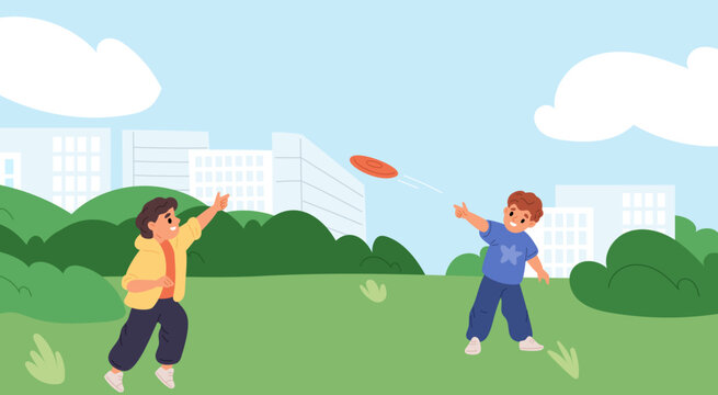 Cheerful children playing in city park. Active outdoor games. Playful kids tossing plastic plate. Little friends at playground. Leisure in nature. Teens throwing frisbee. Vector concept