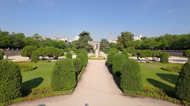 Panoramic view of the Plaza del Parterre with the door of Felipe IV in the background, Retiro, Madrid.