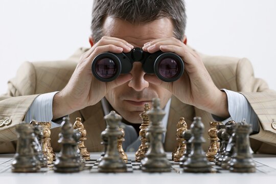 Success strategy, plan ahead to win business competition, 3D illustration, leadership vision or looking for opportunity, competitor analysis concept, chess figures with binocular to look ahead
