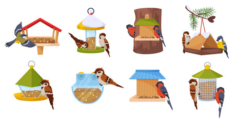 Bird feeders. Wooden birdhouses. Sparrows and chickadees and bullfinches peck at grain. Hanging containers and feed boxes of various shapes. Homemade shelters. Vector animals homes set © VectorBum