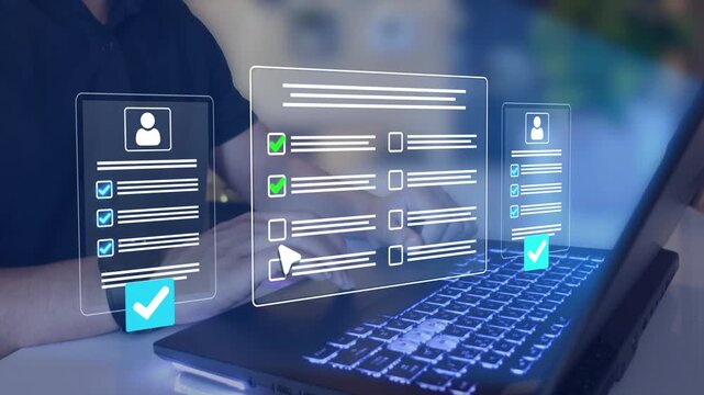 CV review and hiring approval process displayed on digital interface. Business recruitment workflow with employee applications. 