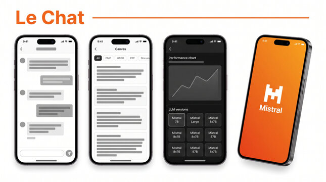 2026 Mistral AI Le Chat mockup mobile app interface template. AI chatbot UI screen design including chat, canvas, performance analytics chart, LLM versions selection on smartphone display frame.