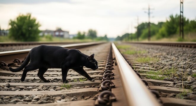 Black Cat Walking Across Railway Track in Outdoor Rural Setting