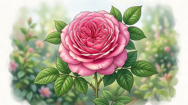 Beautiful pink rose with green leaves in soft natural background
