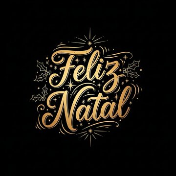 Elegant Gold Feliz Natal Lettering with Holly and Stars on Black Background
