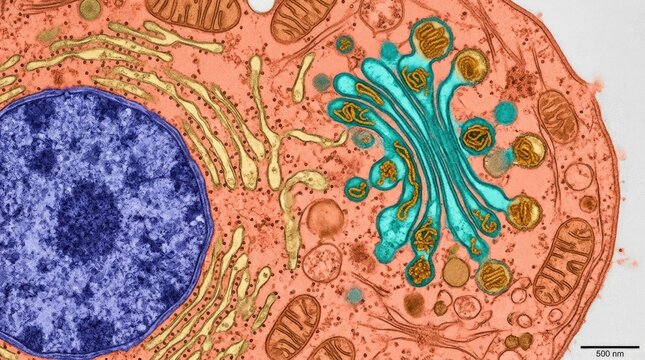 Hantavirus infected cell, demonstrating viral budding from golgi apparatus, showing cellular organelles, high resolution transmission electron microscopy visualization of pathogen activity.