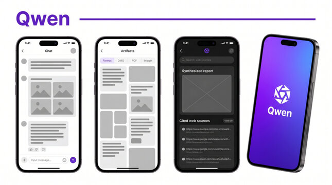 2026 Qwen AI mockup mobile app interface template. Qwen chatbot UI screen display. Artifacts grid layout and synthesized report in dark mode. Smartphone frame mockup for AI application design ios.