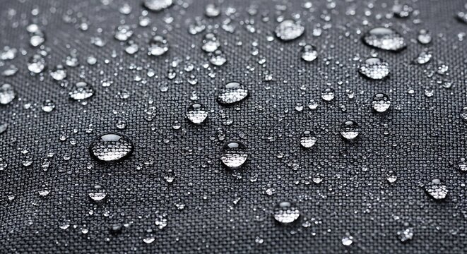Clear water droplets on a dark black waterproof fabric surface showing a protective texture pattern. rain resistant bag