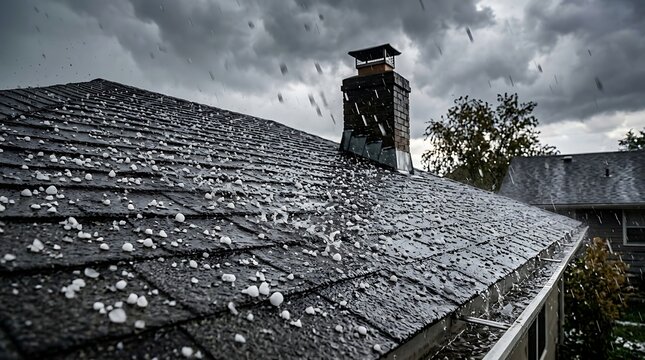 Large Hailstones Scattered on Dark Shingled Roof During Severe Storm