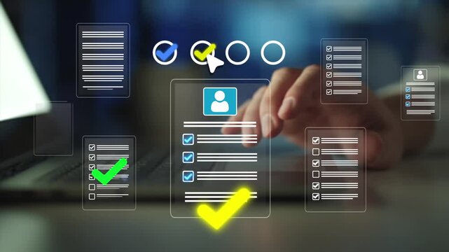 CV review and hiring approval process displayed on digital interface. Business recruitment workflow with employee applications. 