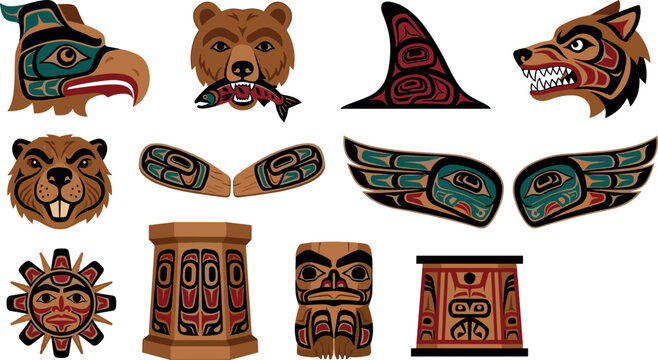 Indigenous Native American Totem Pole Element Set Featuring Pacific Northwest Tribal Art Style Bear Wolf Eagle and Beaver Vector Icons