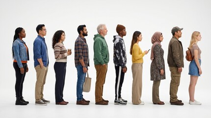 Obraz premium Diverse group of people standing in a line looking to the right