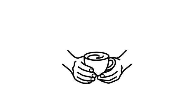 A simple line art illustration of two hands holding a steaming cup of coffee.