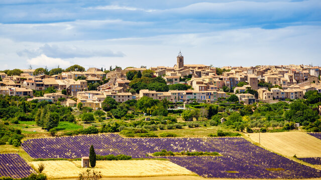 Hilltop Puimoisson village, France. Provence landscape with lavender fields. Plateau Valensole, Alpes de Haute Provence.