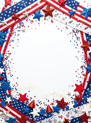 Obraz premium Patriotic frame with red, white, and blue stars and ribbons on isolated white background for 4th of july celebrations and american holidays