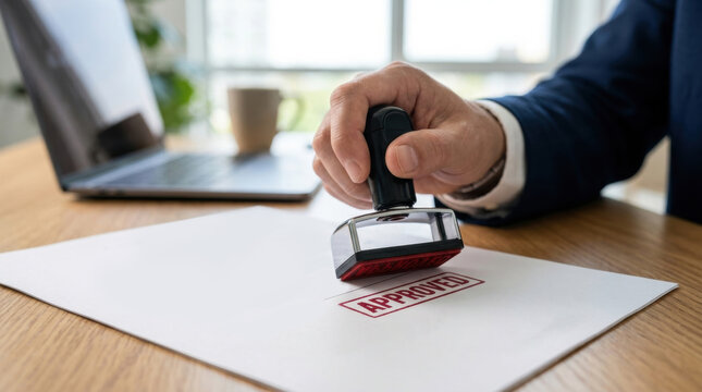 Close up of hand using red approved stamp on business agreement document at office desk with laptop and coffee cup.