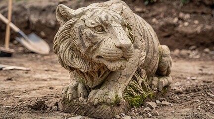 Fototapeta premium Weathered Stone Tiger Statue in a Garden Setting.