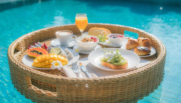 Close Up of Floating Breakfast in Tropical Resort Pool
