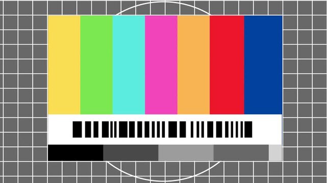 Retro no signal screen display featuring vivid color bars and technical grid