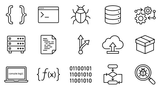 Coding, web development, and software icons, 16 line style symbols