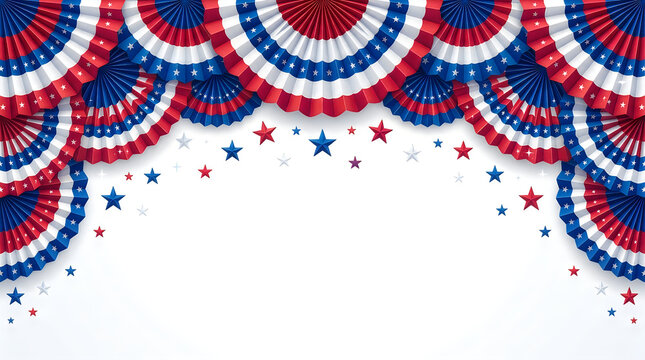 Patriotic background with red white and blue paper fans and stars for 4th of july or independence day celebration isolated on white background