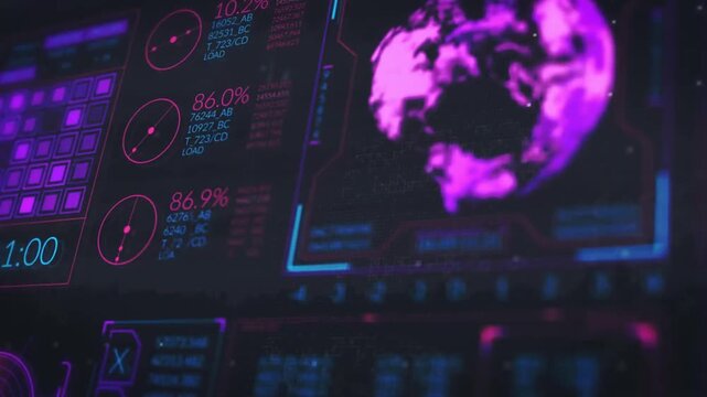 Futuristic HUD interface with digital world map, data analytics graphs, timers and cybersecurity scanning indicators, tech control panel display animation.