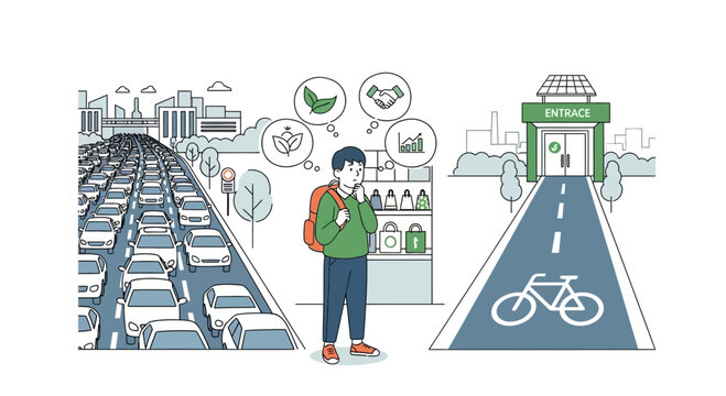 Choosing sustainable transport: bicycle lane vs. traffic jam illustrating ESG choice