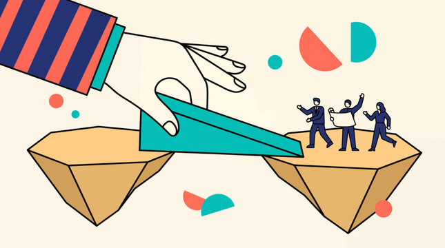 Giant hand placing a teal block to bridge the gap between two floating islands with tiny office workers, symbolizing business solution, corporate partnership