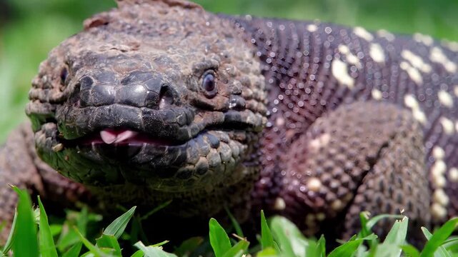 Close-up of a Gila Monster lizard with its pink tongue flicking out in the grass