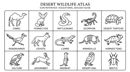 Desert Wildlife Icons, Black and White Vector Illustrations, Zoology Guide, Animal Symbols © Rosie
