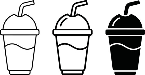 Three line art and solid black and white disposable drink cups with straws and domed lids © UniQue DEsigN