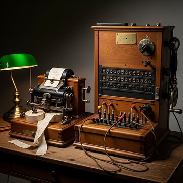 Antique Wooden Telegraph Equipment Arranged on Vintage Desk in Dimly Lit Office