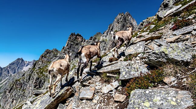 Wild ibex climbing steep rocky mountain terrain under clear blue sky in the Alps.