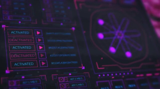 Futuristic neon HUD interface screen with glowing purple and pink digital data charts, tech elements, system activation indicators, and security status displays.