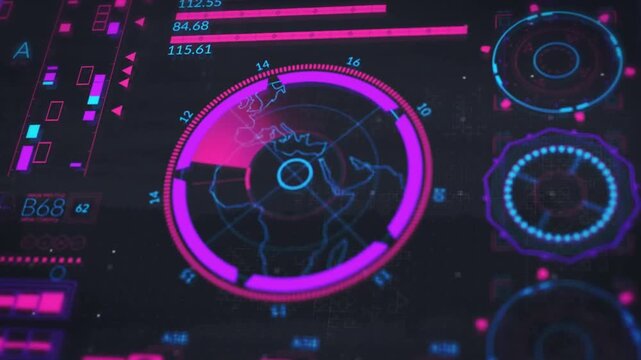Futuristic HUD user interface with glowing pink and purple digital data dashboard graphs