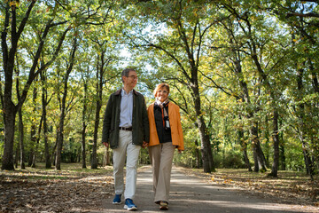 Fototapeta premium Senior couple walking hand in hand in autumn park