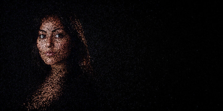 Digital ID Portrait of Woman with Face made up of Code. Verifiable credential Concept with copy-space.