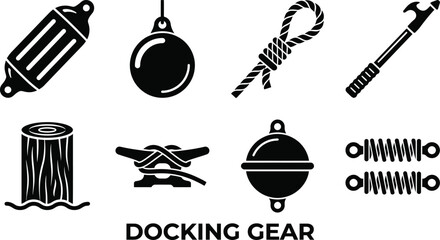 Set of nautical docking equipment and marine mooring accessories for boat and ship docking procedures. © Drow Dx