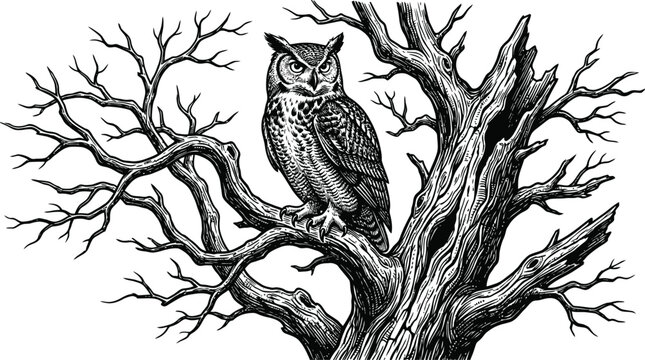 Great horned owl perched on a bare tree branch detailed engraving style