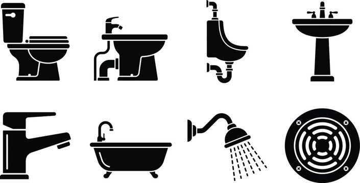Bathroom fixtures icons toilet urinal sink faucet bathtub shower drain vector set isolated on white.