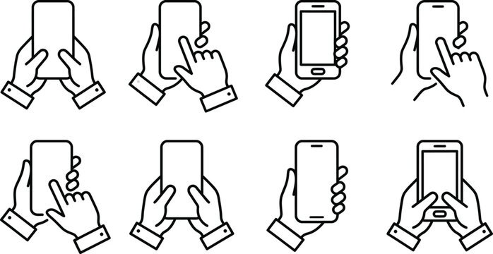 Vertical mobile phone gestures icon set with hands touching screen for app navigation and scrolling